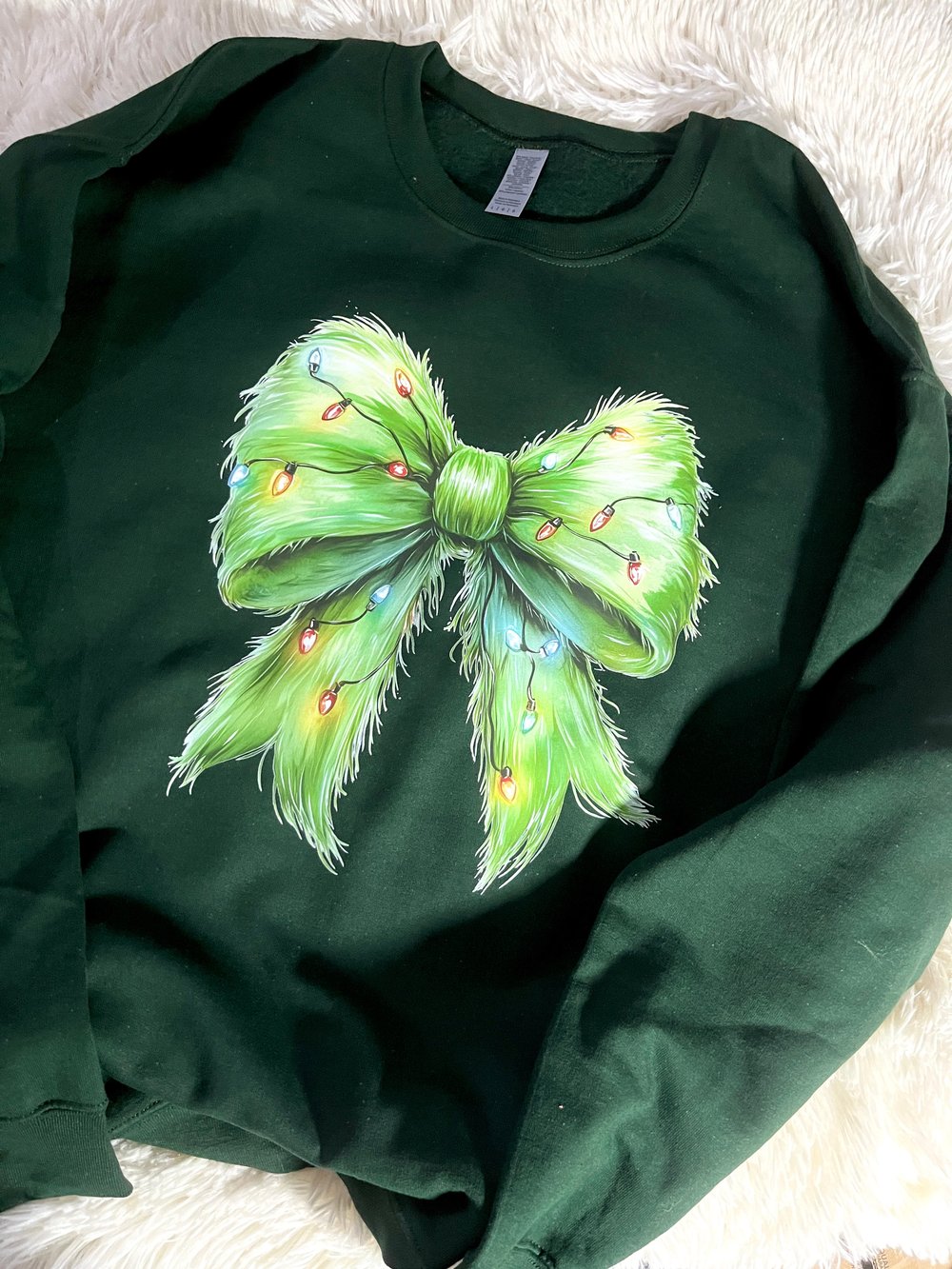 Image of GREEN FUZZY XMAS BOW CREWNECK SWEATER