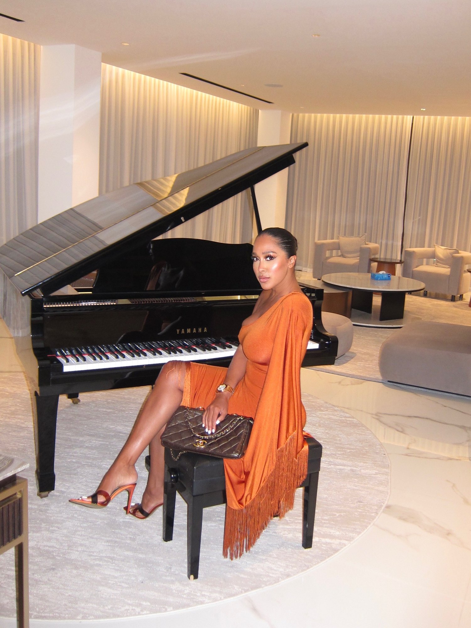 Image of RUST FRINGE MIDI DRESS WITH ONE SHOULDER (M)