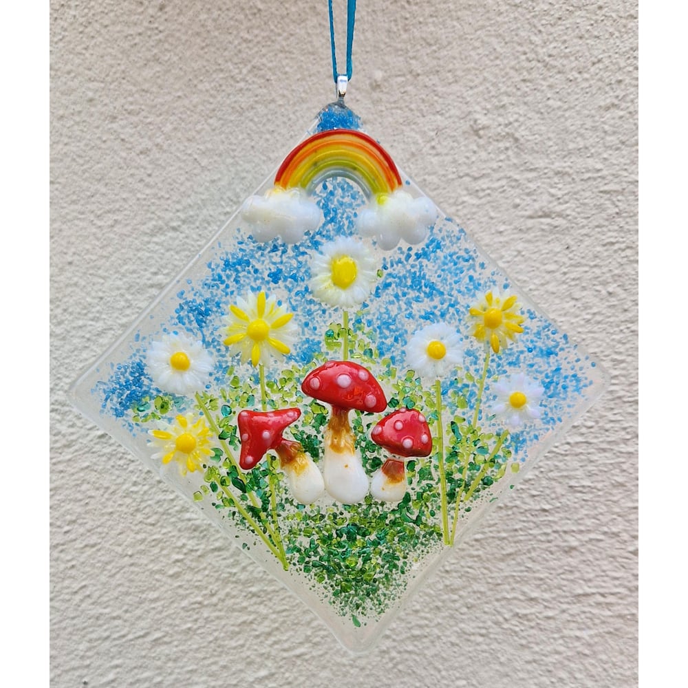 Image of Diamond Fused Glass Rainbow and Toadstools Hanger