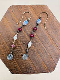 Image 7 of rainbow moonstone and ruby earrings in 14k gold and sterling silver