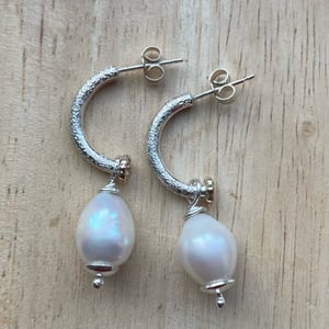 Image of Pearl drop half hoop earrings and 