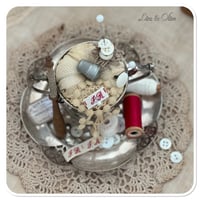 Image 3 of Handmade pin cushion in a vintage cup sitting on a beautiful vintage tray