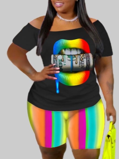 Image of Plus Size Casual Lip Print Striped Black Two-piece Shorts Set