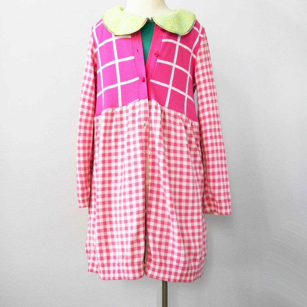 Image of pink gingham plaid 5/6 sweater buttons courtneycourtney long cardigan dress