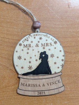 Image of First Christmas as Mr. & Mrs. Wooden Snow Globe - Custom, Personalized Gift for Newlyweds