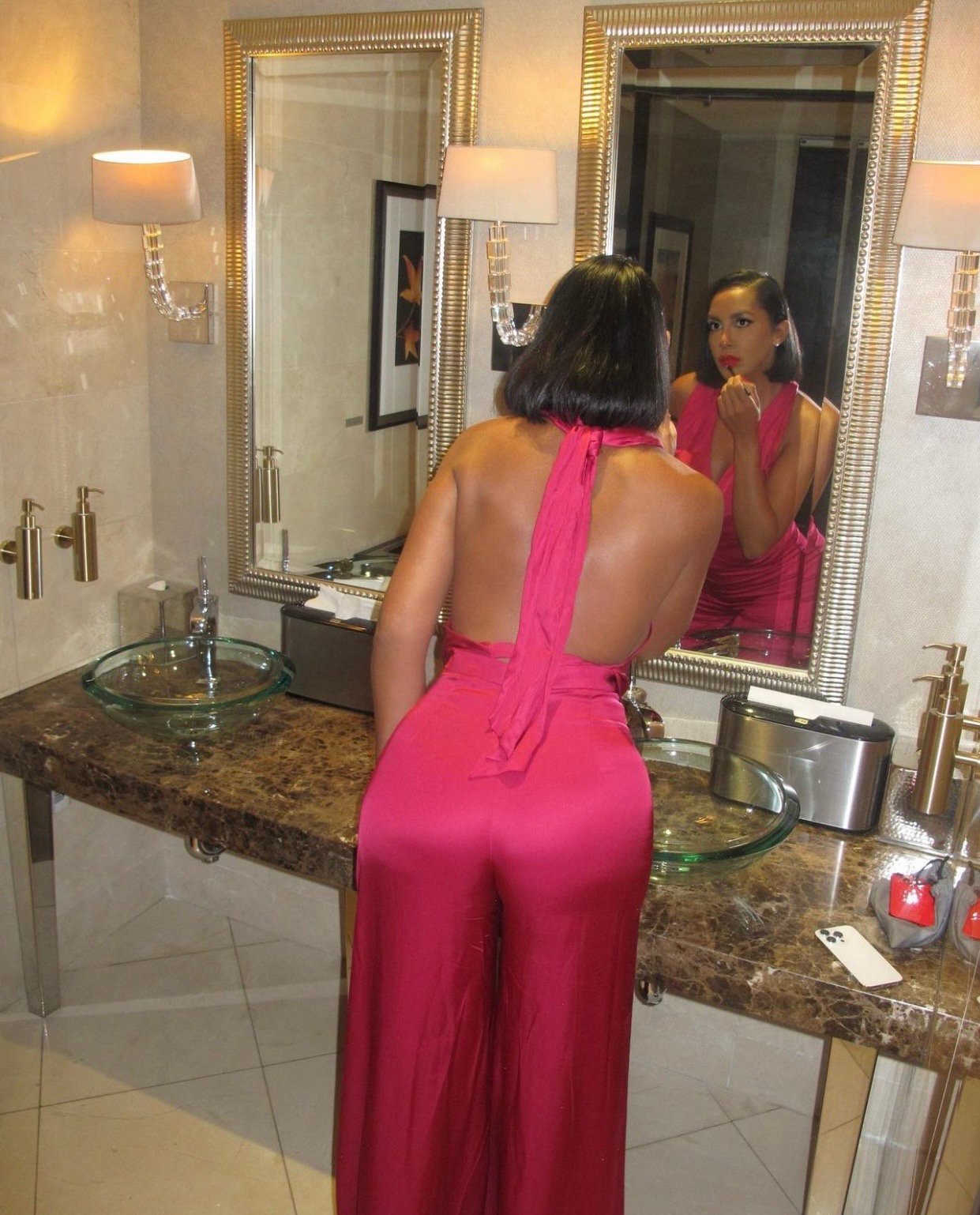 Image of FUCHSIA WIDE-LEG SATIN PANT (L) & DRAPED HALTER TOP (XS)