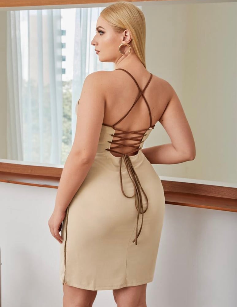 Image of Lace Up Backless Bodycon Dress