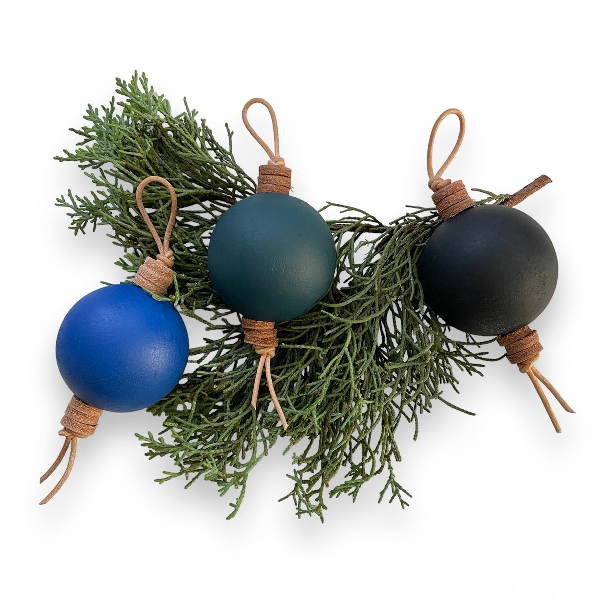 Image of WOODEN BALL ORNAMENTS - BLUES - SET OF 3