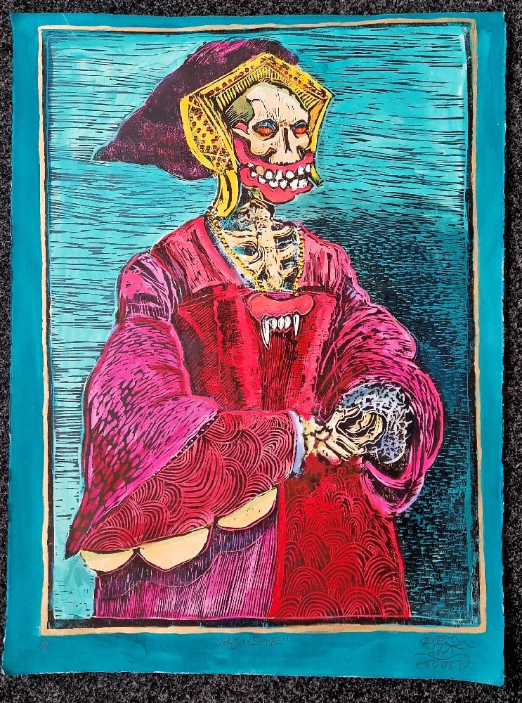 crimson Dame (Embellished Woodcut Artist proof)  Teal