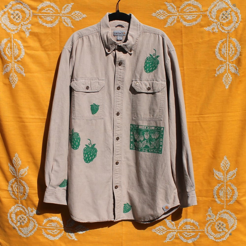 Image of Green Strawberries Block Printed Carhartt Button Up