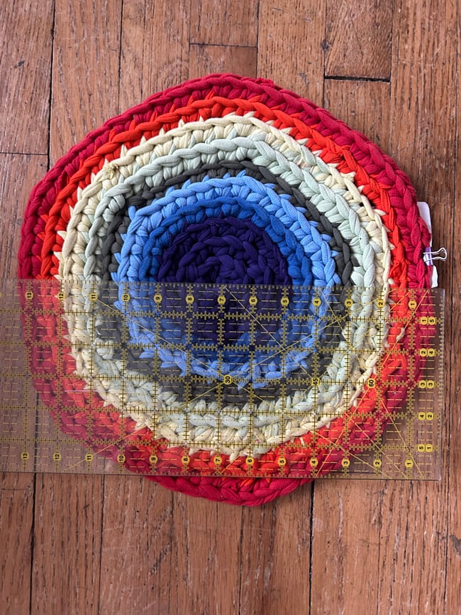 rainbow t-shirt yarn crochet mini round rug, 13” diameter