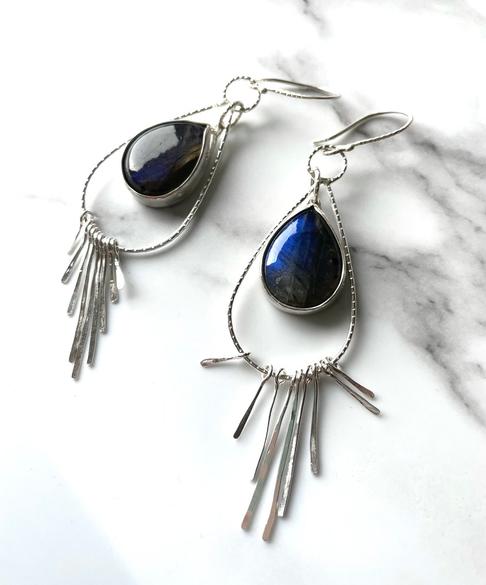 Image of Handmade Sterling Silver Dangly Tassel Blue Labradorite Earrings 925