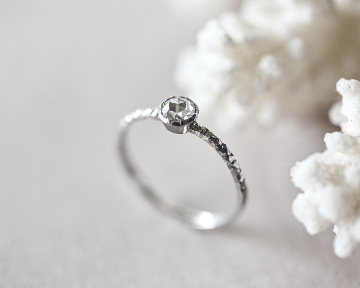 Image of Platinum, 4.2mm white Rose-cut diamond faceted ring (LON228)