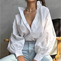 Image 3 of Oversized White Lantern Sleeve Shirt for Women – Casual Streetwear Blouse with Stand Collar