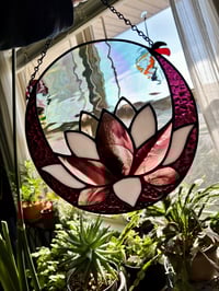 Image 3 of Lunar Lotus - Handmade Iridescent Circle Stained-Glass Moon & Flower Panel