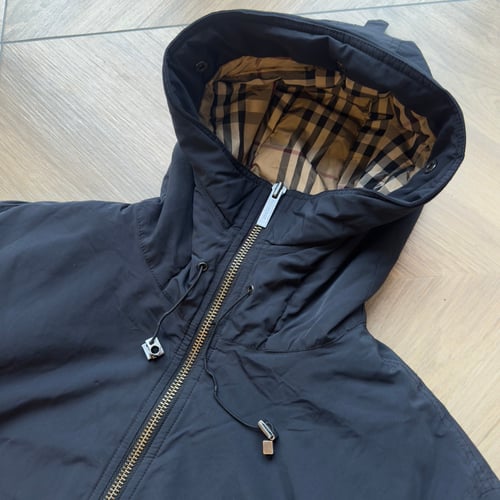 Image of Burberry Hooded Nylon Bomber Jacket, size Medium