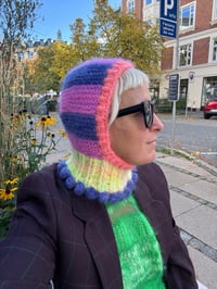Image 6 of Sofie and Iris Striped Navy, Lilac, Neon Yellow and Coral Mohair Balaclava