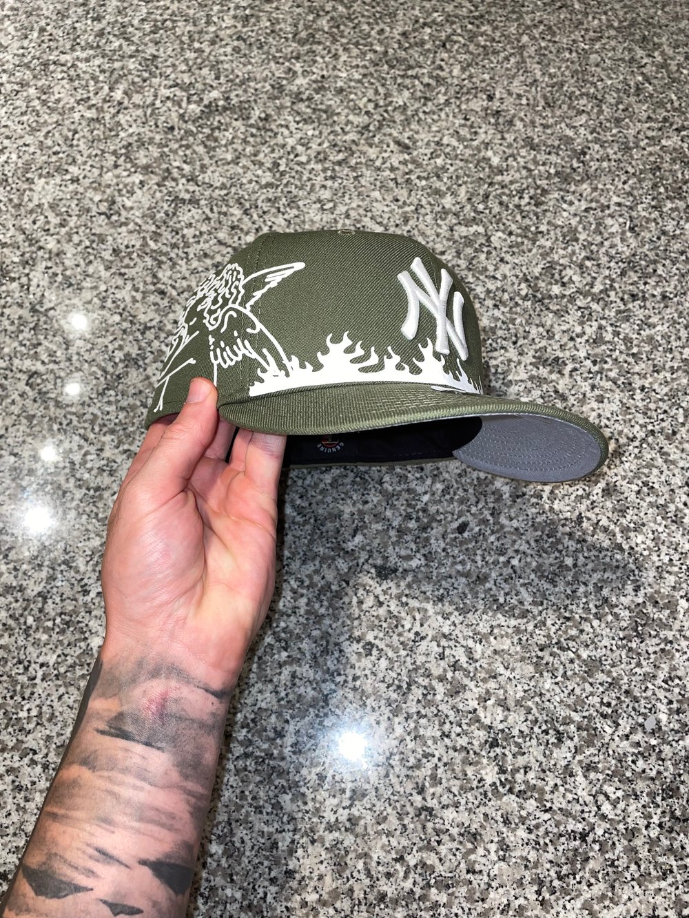 Image of OLIVE GREEN ANGELIC FLAME NY CUSTOM FITTED CAP