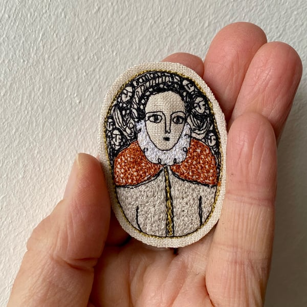 Image of Woman in brown and silver - smaller portrait embroidery brooch 