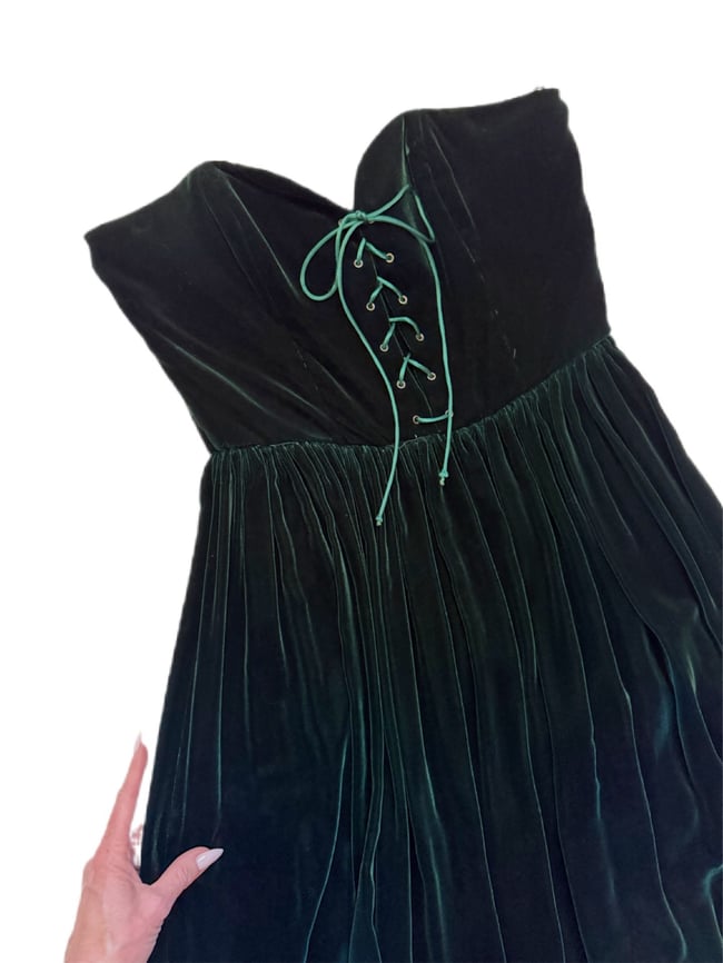 70s emerald green velvet strapless lace up corset dress