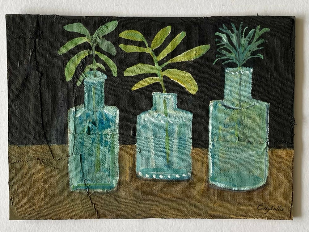 Image of three bottles with herb sprigs - small painting
