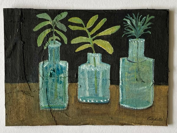 Image of three bottles with herb sprigs - small painting 