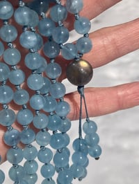 Image 7 of Aquamarine Mala with Labradorite Guru Bead, Aquamarine 108 Bead Japa Mala Hand Knotted Gemstone Mala
