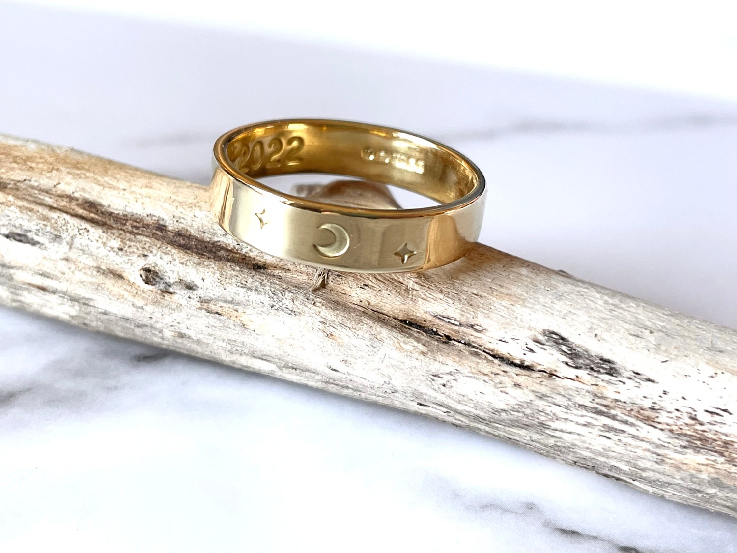 Image of Celestial 9ct Gold Wedding Ring With Sun AND Moon Stamps. Celestial Wedding Band