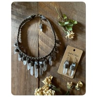 Image 2 of The Empress Necklace and Earrings - Clear Quartz Crystals and Olive Green Leather