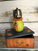 Halloween Folk Art Cat witch on wood container original