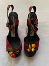 1970s suede + wooden fruit platform sandals