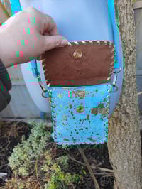 Image 6 of Woodstock cross body / passport bag -Jade turquoise with pink star