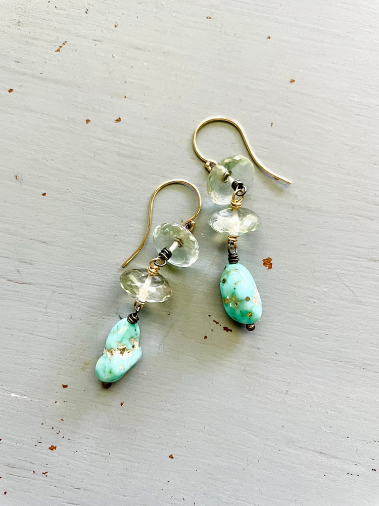 Image of Luxe prasiolite and Sleeping Beauty turquoise earrings . 14k gold and sterling
