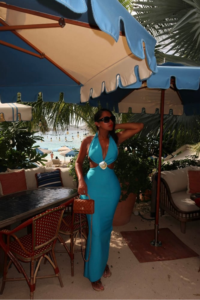 Image of TURQIOUSE CUTOUT BACKLESS BANDAGE DRESS (XS)