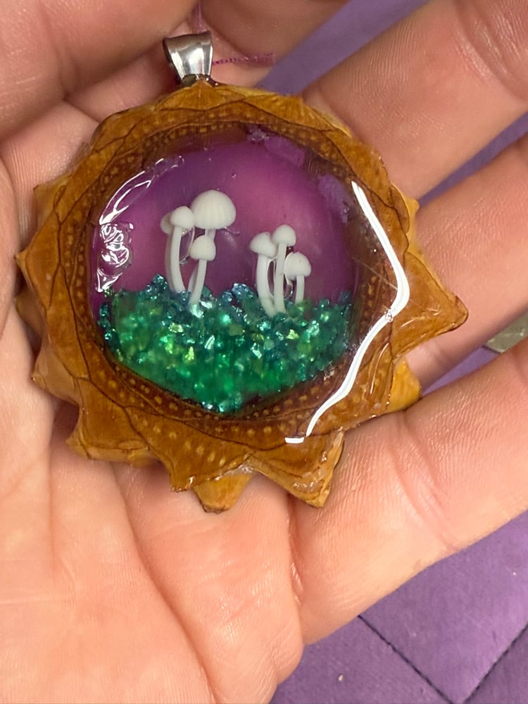 Image of Mushroom Forest Pinecone Charm with Crushed Glass Base | Handmade PNW Resin Jewelry | #106