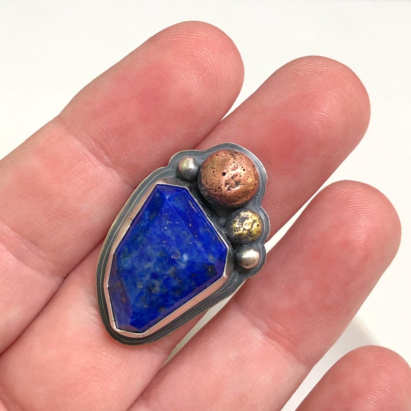 Image of Faceted Lapis Lazuli Sterling Silver Ring with Copper & Brass Accents
