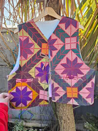 Image 1 of Woodstock Reversible Gilet - Vintage kantha fabric and white teddy fur - neon pop