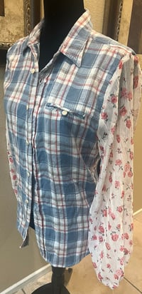 Image 2 of Vintage Funky Blue/White/Pink Flannel Shirt Rose Print Sleeves and Octopus