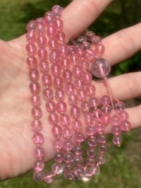 Image 3 of Pink Topaz Mala with Gem Kunzite Guru Bead, Pink Topaz 108 Bead Hand Knotted Gemstone Necklace