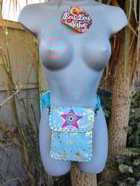 Image 5 of Woodstock cross body / passport bag -Jade turquoise with pink star