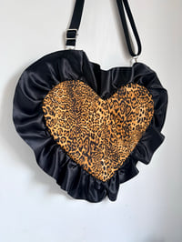 Image 1 of Leopard Print Heart Sling Bag – Handmade Quilted Statement Bag with Satin Ruffle