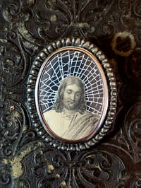Image 1 of Vintage Brooches- 1800's bible page & preserved baby spider webs - C