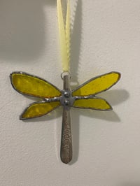 Image 1 of Dragon fly with stained glass and vintage silverware 