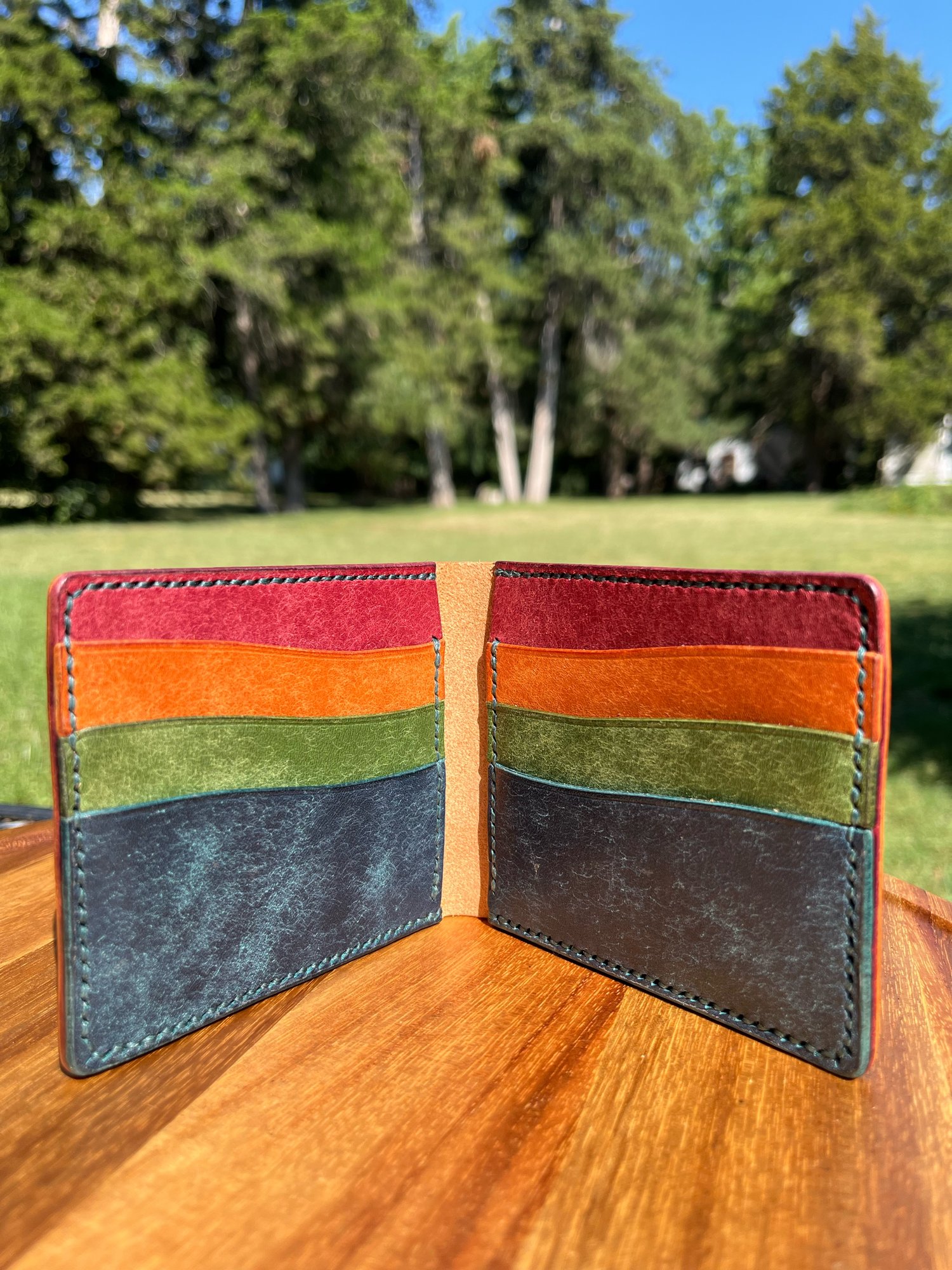 Image of Cognac/Rainbow Pueblo 8-pocket Slim Bifold 