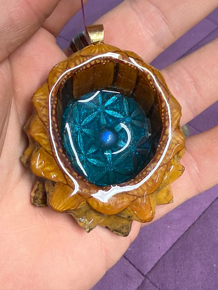 Image of Teal Flower of Life Pinecone Charm with Labradorite Center | Handmade PNW Jewelry | #100