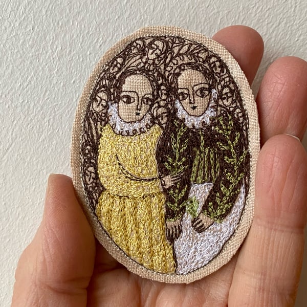 Image of Sisters hopeful for spring - larger embroidery brooch 