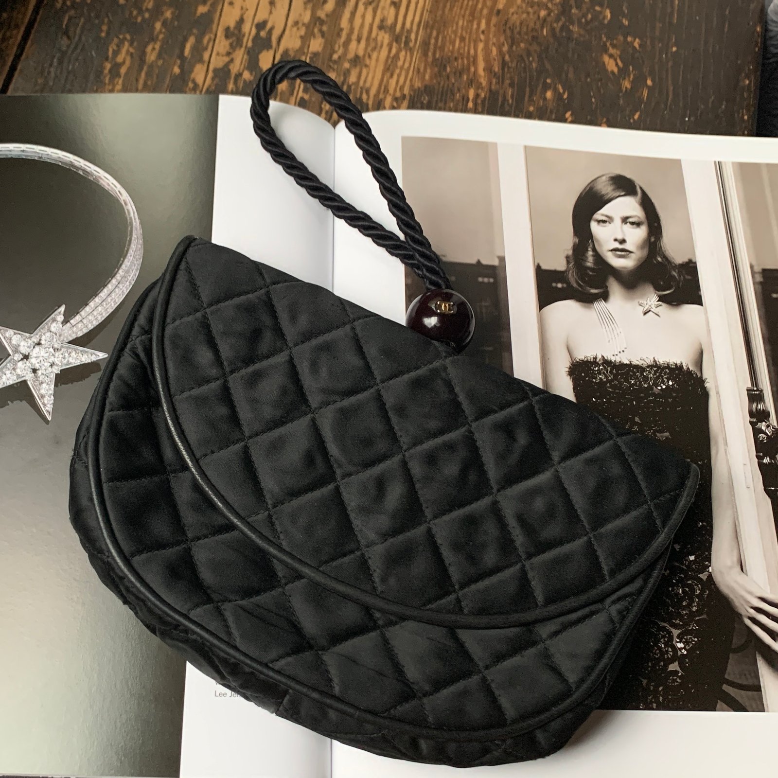 Chanel 1980's Half Moon Black Satin Purse