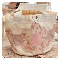 Image 1 of handmade hexigon bucket bag trimmed with vintage french lace