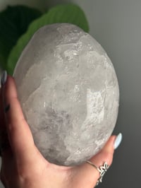 Image 3 of LAVENDER DRUZY QUARTZ EGG WITH RAINBOW FILLED CALCITE POINT ON A STAND -URUGUAY-