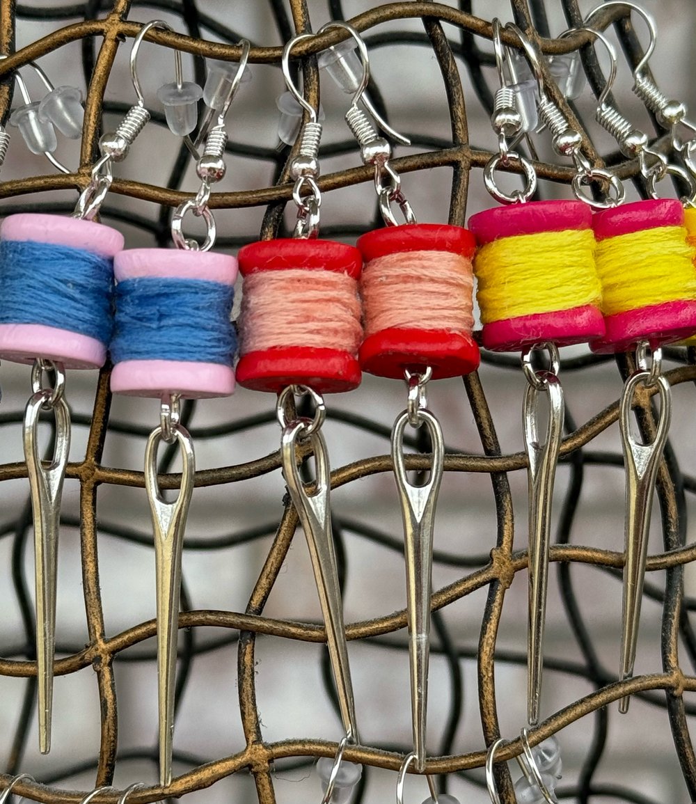 Image of Mini Thread Spool & Sewing Needle Earrings